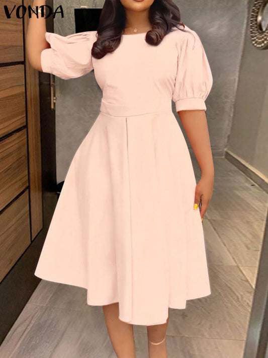 Plus Size 5XL VONDA Women Wedding Dress Sexy Backless Solid Buttons Midi Vestid image 0