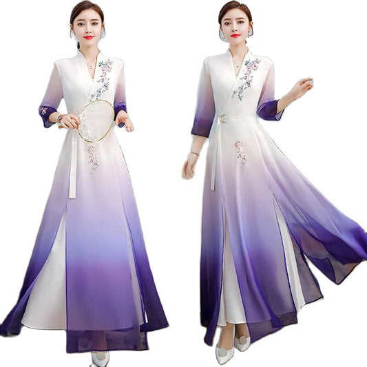 Aodai Floral Print Party Dress Oriental Women Chinese Style Cheongsam 3/4 Sleev image 0