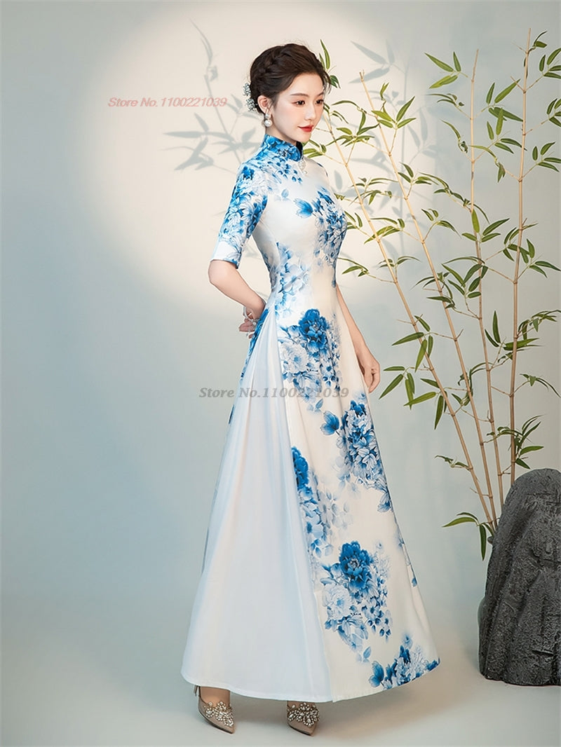 2024 aodai dress vietnam traditional dress improved qipao national flower print image 3