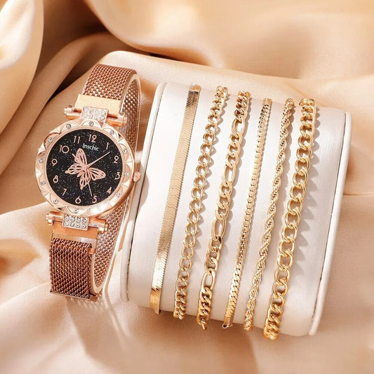 7PCS Set Women Rose Gold Luxury Quartz Watch Fashion Wristwatch Casual Ladies W image 0