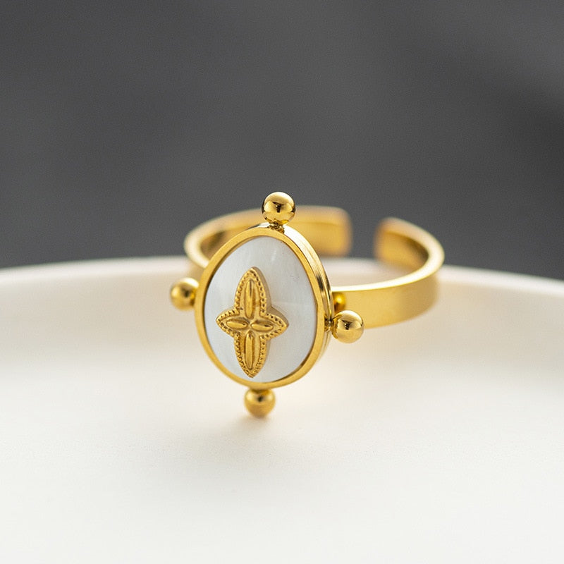 Creative Gold Plated Stainless Steel Rings for Women Simple Geometric Round Nat image 3