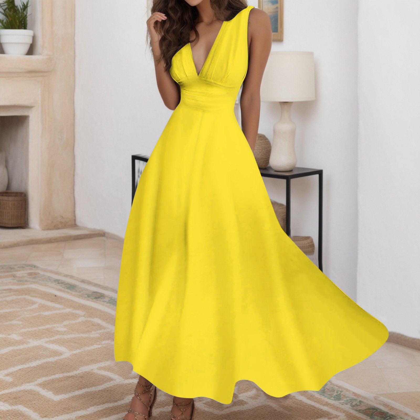 Women Elegant A Line Sleeveless White Midi Dress Casual Female Sping Summer V-n image 3