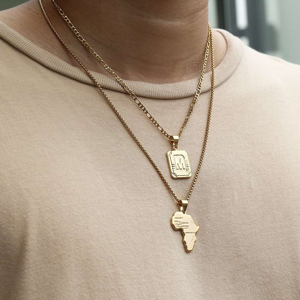 2pcs/set Letter Map Pendants Necklace Figaro Box Link Chain For Women Men Gold image 2