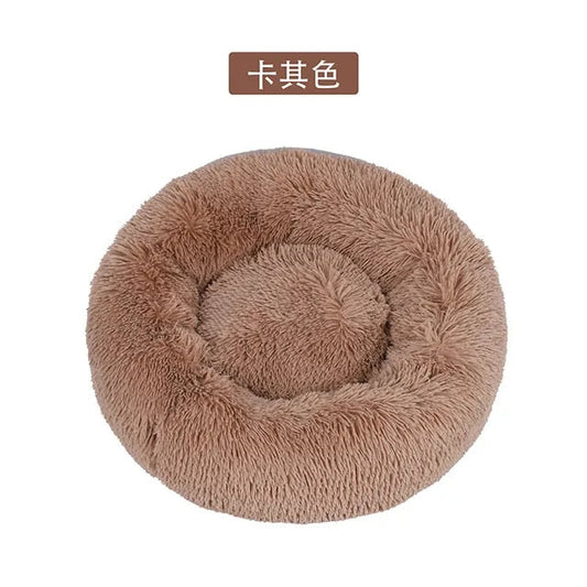 Cama redonda de felpa para gatos y perros, con forma de donut, nido profundo y suave para dormir.