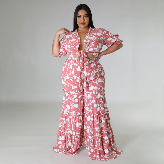 Conjunto de dos piezas con estampado de Perl de talla grande para mujer, top informal de vendaje + pantalones anchos sueltos