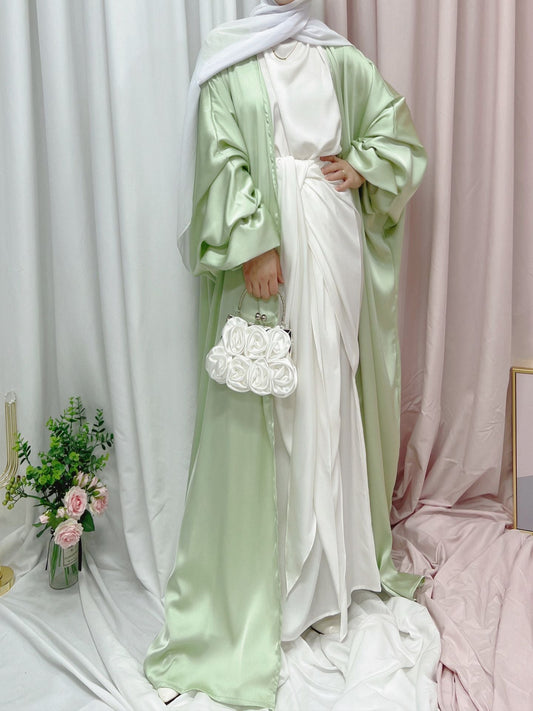 Abaya musulmana elegante de seda con mangas abullonadas para Ramadán Eid