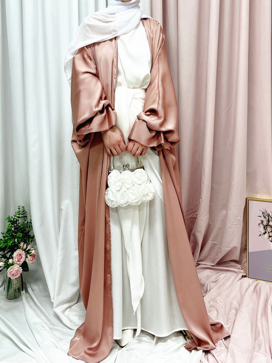 Abaya musulmana elegante de seda con mangas abullonadas para Ramadán Eid
