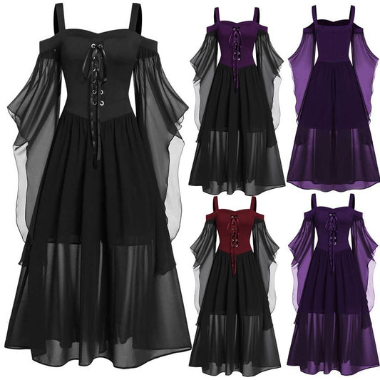 Vestido vintage de Halloween para mujer, estilo gótico, con cordones y malla, talla grande