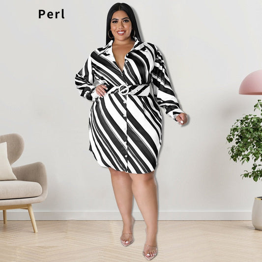 Vestido de mujer Perl de talla grande, conjunto de rayas de manga larga con cinturón, camiseta de una pieza