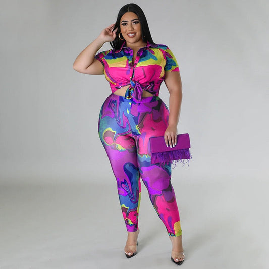 Conjunto informal de dos piezas con estampado de Perl para mujer, talla grande, conjunto de ocio a juego