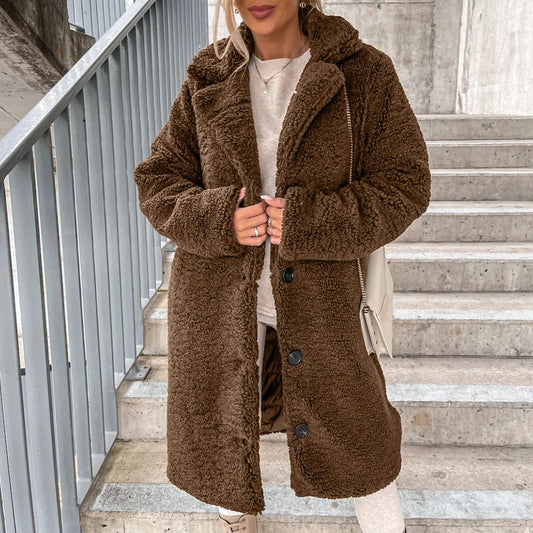 Abrigo de franela para mujer, informal, de color liso, con solapa de felpa y manga larga, para otoño e invierno