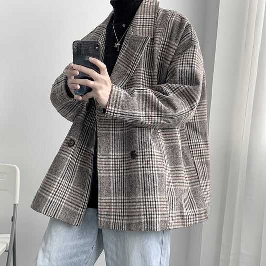 Abrigo de lana de tweed holgado coreano para hombre, cortavientos a cuadros, para otoño e invierno