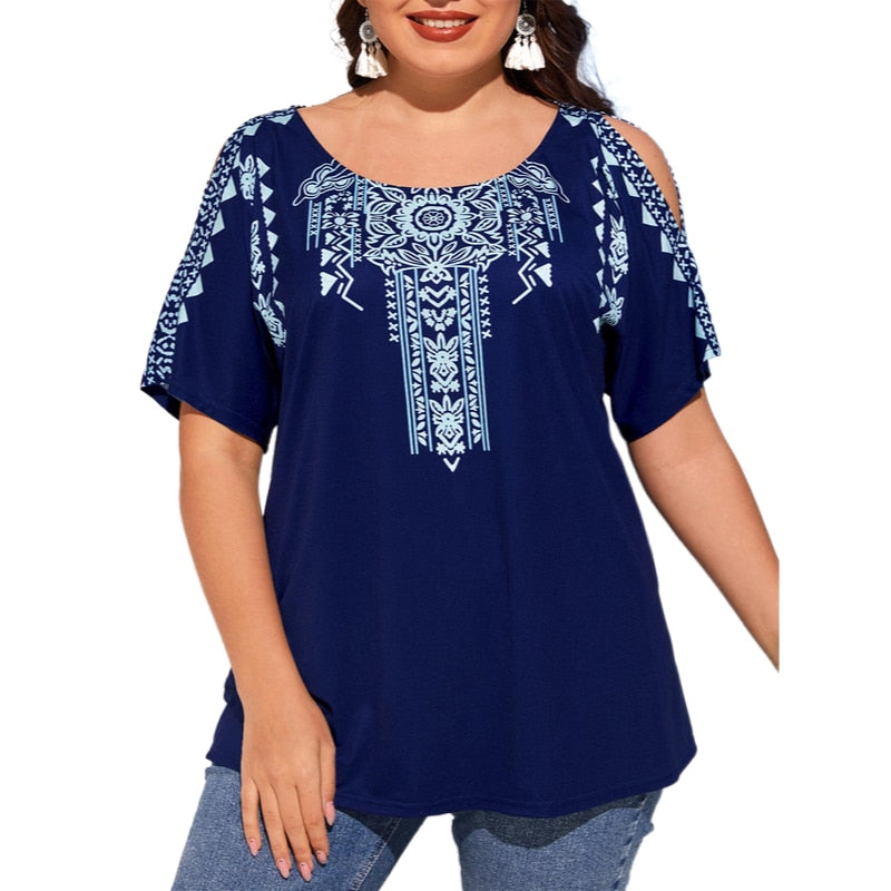 Camiseta holgada de talla grande 5XL para mujer, verano 2023, cuello redondo, abertura, manga corta, estampado floral