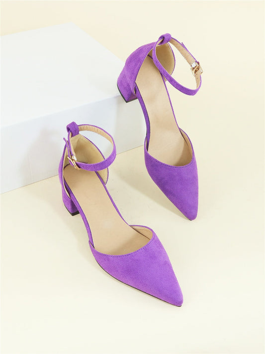 Zapatos de tacón grueso con tira al tobillo y punta de ante sintético