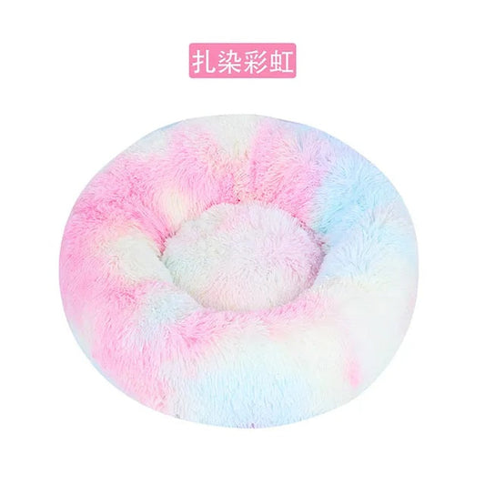 Cama redonda de felpa para gatos y perros, con forma de donut, nido profundo y suave para dormir.