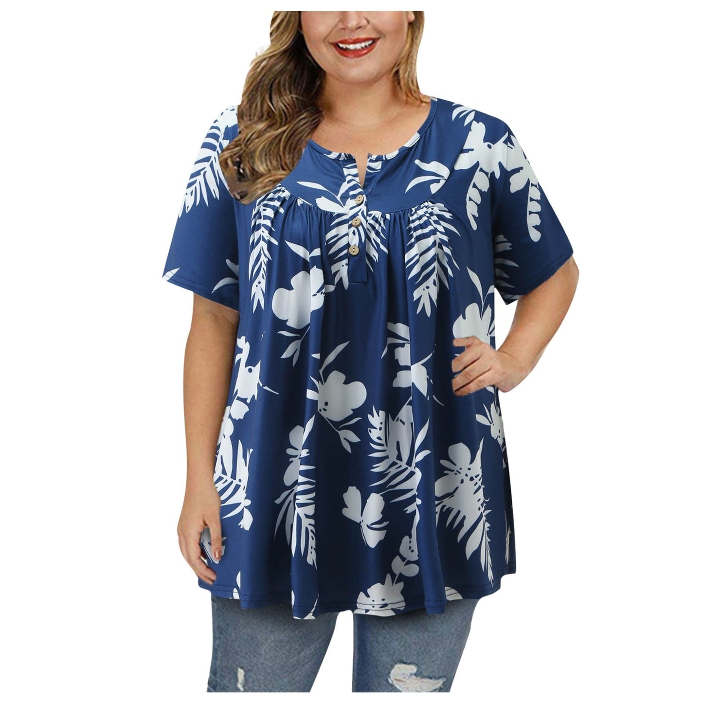 Blusa informal con estampado floral para mujer, talla grande, cuello en V, botones y túnica