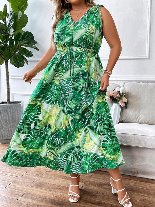 Vestido con estampado tropical y lazo en los hombros