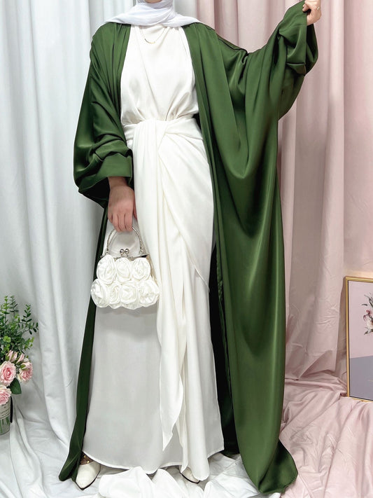 Abaya musulmana elegante de seda con mangas abullonadas para Ramadán Eid