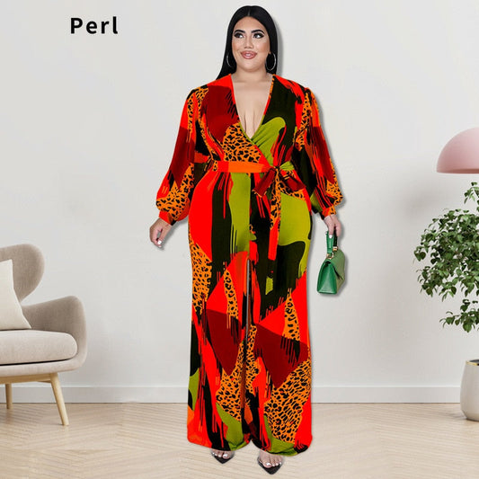 Mono de manga larga con cuello en V y estampado de Perl, talla grande, con cinturón