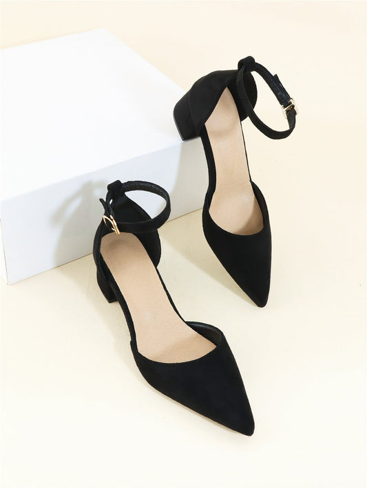 Zapatos de tacón grueso con tira al tobillo y punta de ante sintético