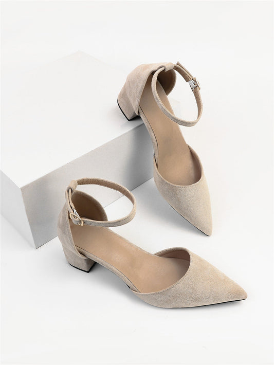 Zapatos de tacón grueso con tira al tobillo y punta de ante sintético