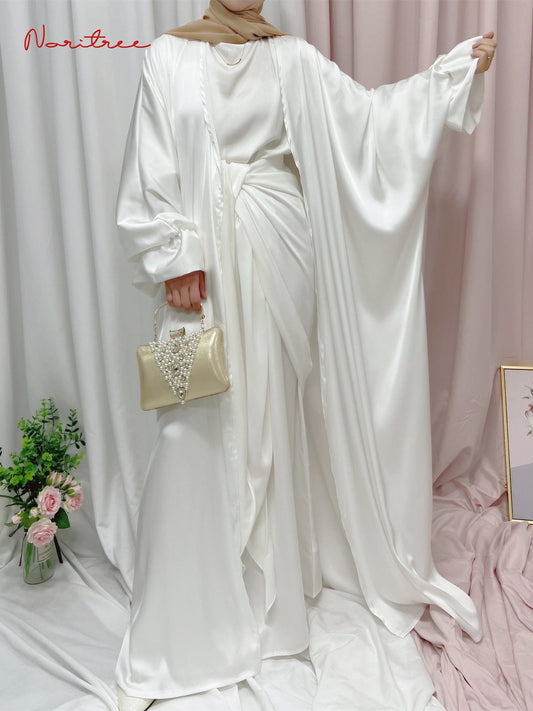 Abaya musulmana elegante de seda con mangas abullonadas para Ramadán Eid