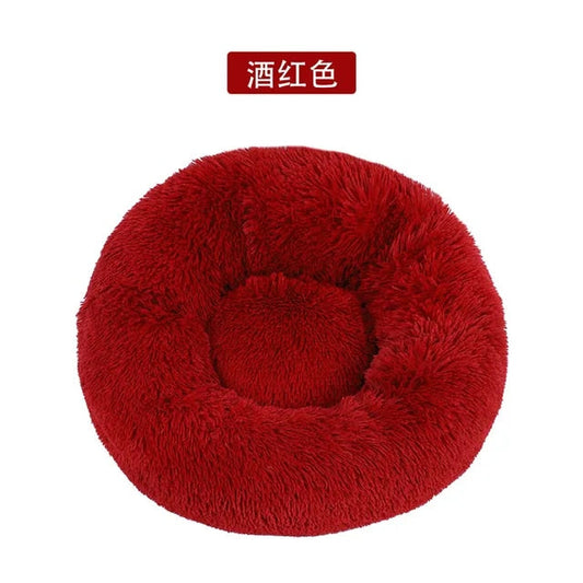 Cama redonda de felpa para gatos y perros, con forma de donut, nido profundo y suave para dormir.