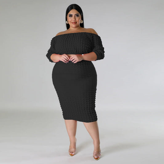 Top de manga larga con hombros descubiertos y traje de falda larga con cuello alto y dos piezas de palomitas de maíz de Perl Plus Size