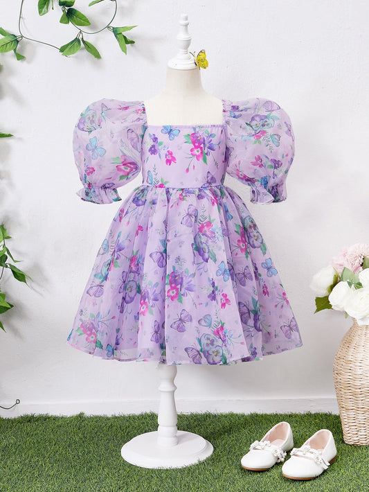 Vestido de organza con mangas abullonadas y estampado floral y de mariposas para niñas
