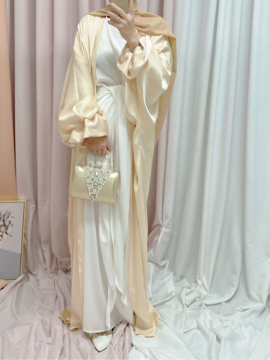 Abaya musulmana elegante de seda con mangas abullonadas para Ramadán Eid