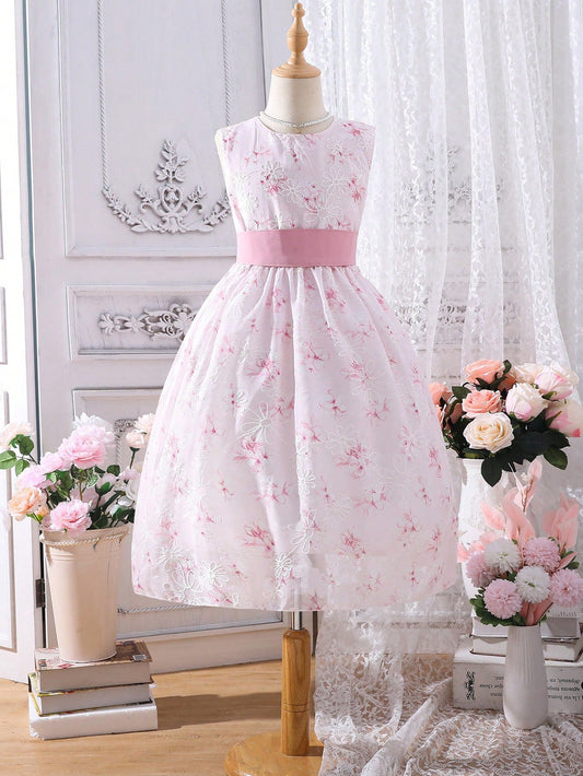Vestido de malla con bordado floral para niñas