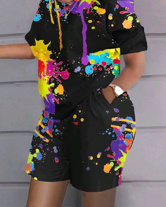 Conjunto de dos piezas con estampado de Perl de talla grande para mujer, conjunto informal con top y pantalones cortos