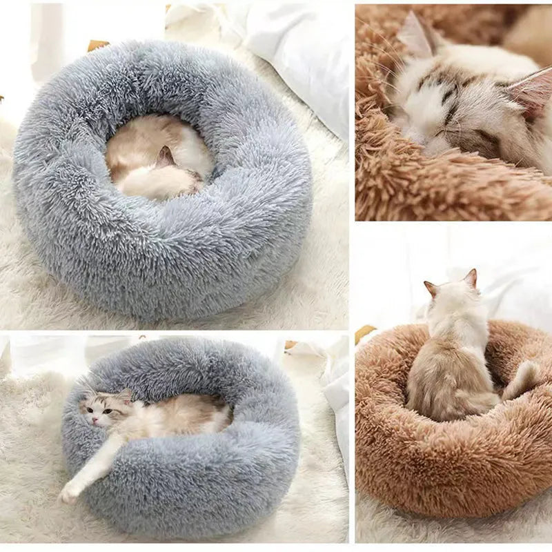 Cama redonda de felpa para gatos y perros, con forma de donut, nido profundo y suave para dormir.