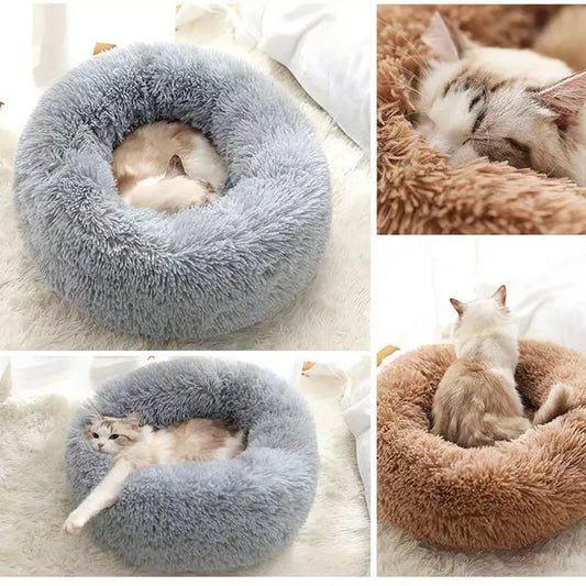 Cama redonda de felpa para gatos y perros, con forma de donut, nido profundo y suave para dormir.