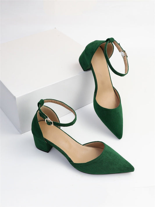 Zapatos de tacón grueso con tira al tobillo y punta de ante sintético