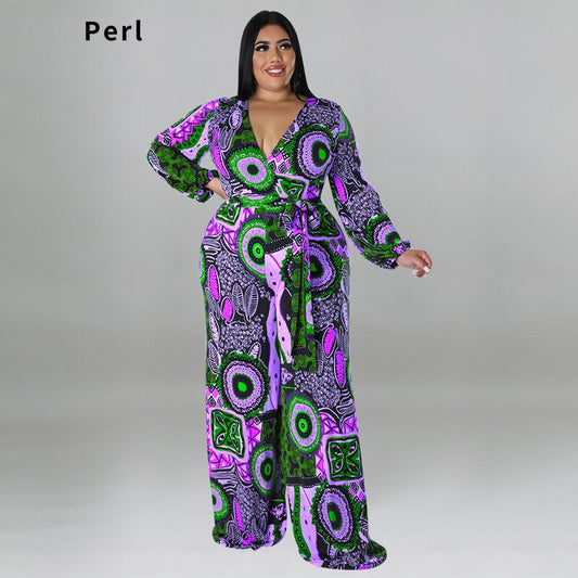 Mono holgado de manga larga con escote en V y perla para mujer, tallas grandes, ropa de mujer