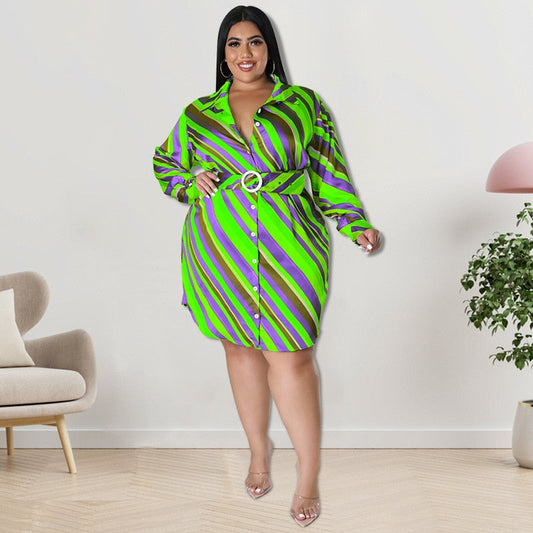 Vestido de mujer Perl de talla grande, conjunto de rayas de manga larga con cinturón, camiseta de una pieza