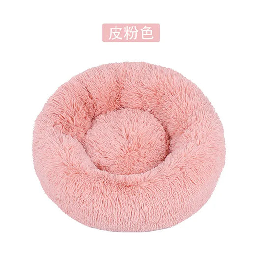 Cama redonda de felpa para gatos y perros, con forma de donut, nido profundo y suave para dormir.