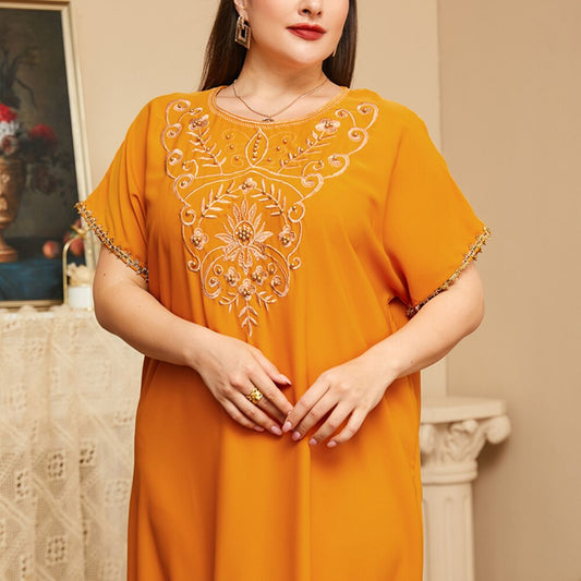 Vestido de talla grande primavera verano nueva moda mujer amarillo cuello redondo elegante flora