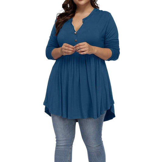 Camisetas tipo túnica de color liso de talla grande 5XL con cuello en V y botones plisados ​​para mujer