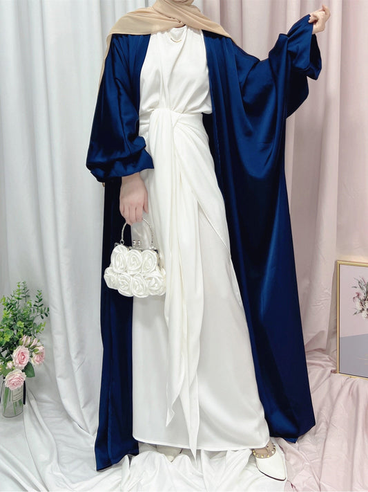 Abaya musulmana elegante de seda con mangas abullonadas para Ramadán Eid