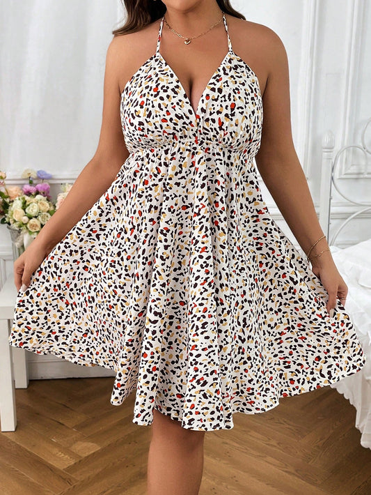 Vestido halter sin espalda y con lazo y estampado integral Plus