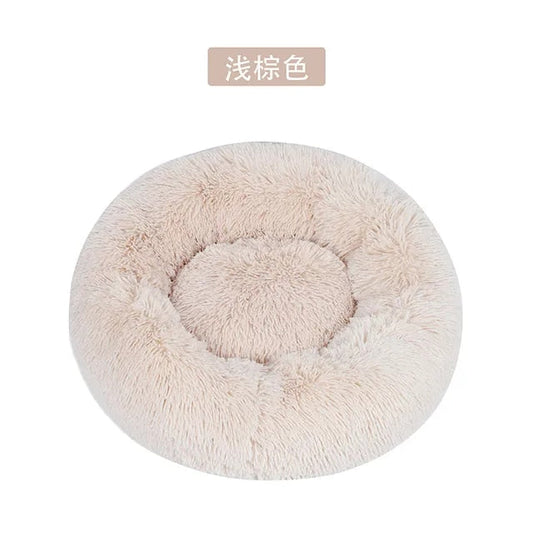 Cama redonda de felpa para gatos y perros, con forma de donut, nido profundo y suave para dormir.