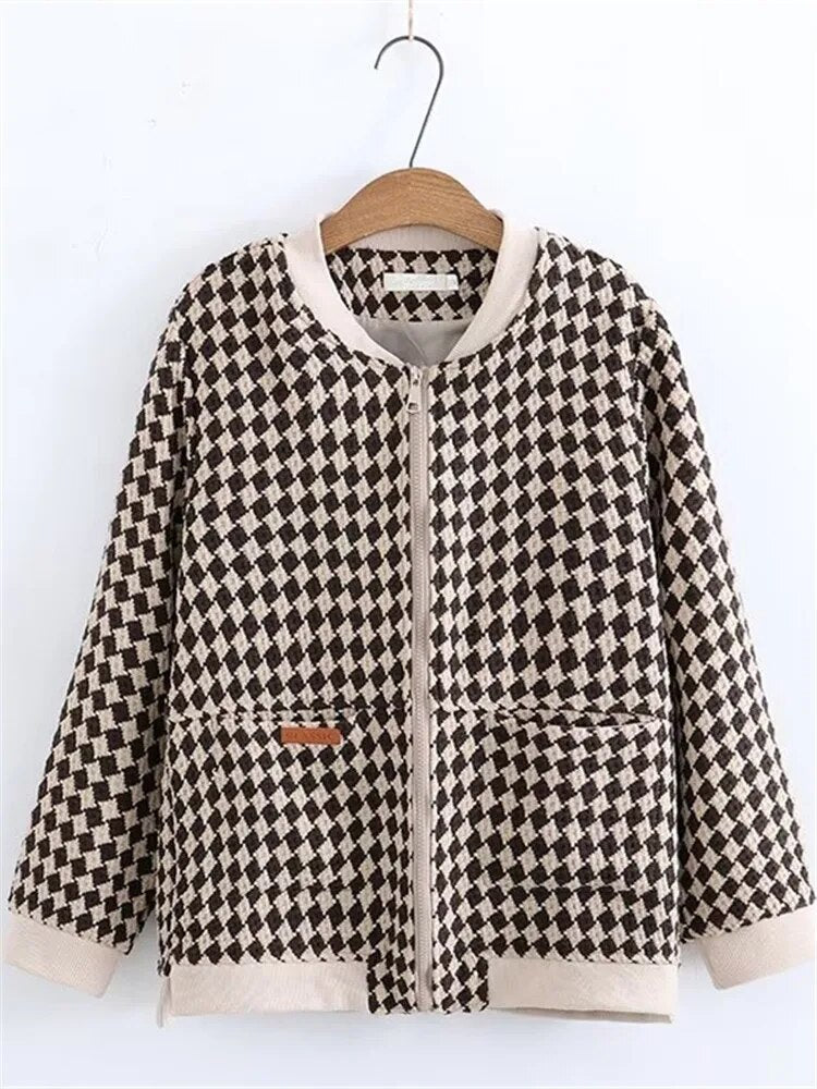 Chaquetas de mujer de talla grande, primavera y otoño, con estampado de cuadros