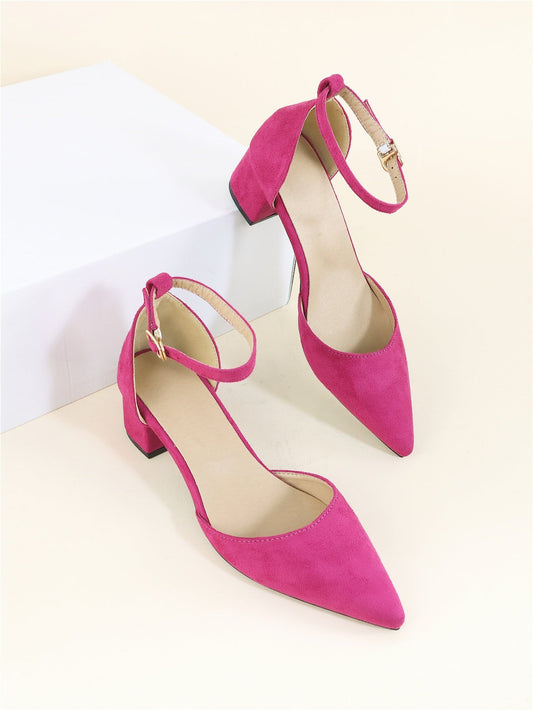 Zapatos de tacón grueso con tira al tobillo y punta de ante sintético