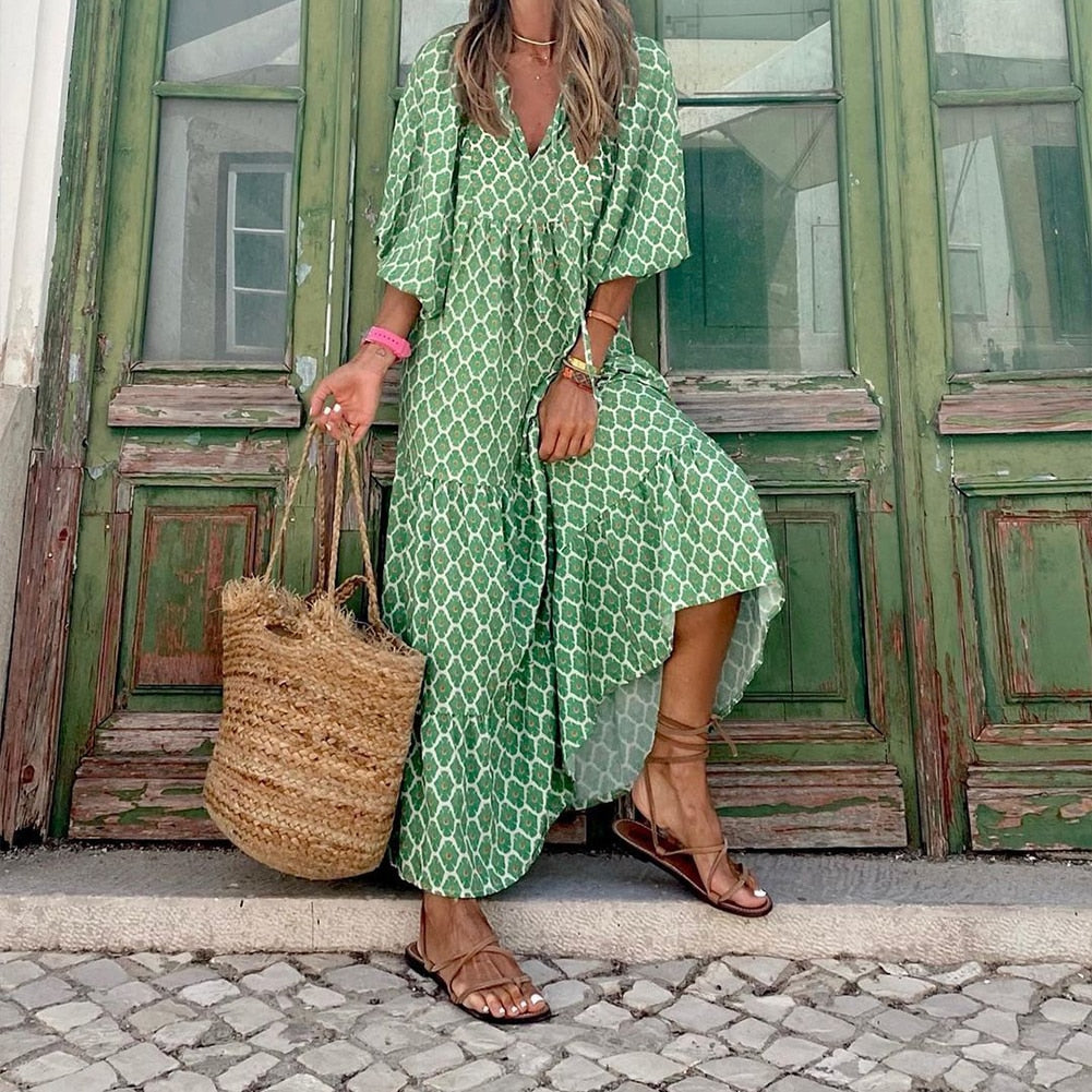 Vestido largo bohemio para mujer, vestido de playa de algodón, talla grande, cuello en V, informal, elegante, Dr