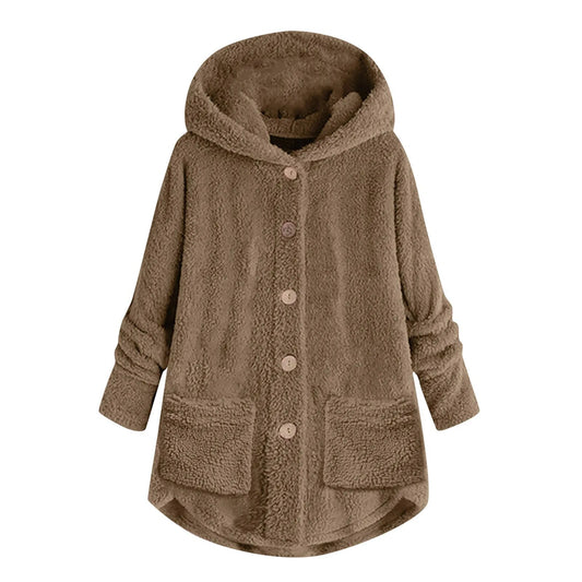 Suéter de invierno de felpa con bolsillo y manga larga para mujer, con orejas de gato, talla grande