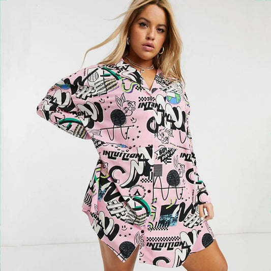 Camisa informal de talla grande con estampado de dibujos animados y hombros caídos para mujer, manga larga, holgada