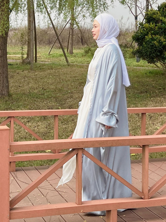 Abaya musulmana elegante de seda con mangas abullonadas para Ramadán Eid