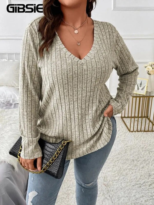 GIBSIE Camiseta informal de manga larga con cuello en V para mujer, talla grande, primavera otoño 2023